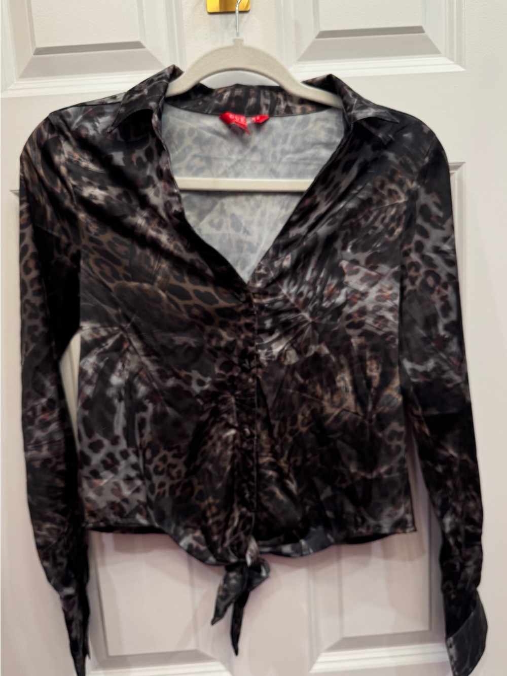 Guess Brown and Black Animal Print Satin Button-Down Tie Front Shirt